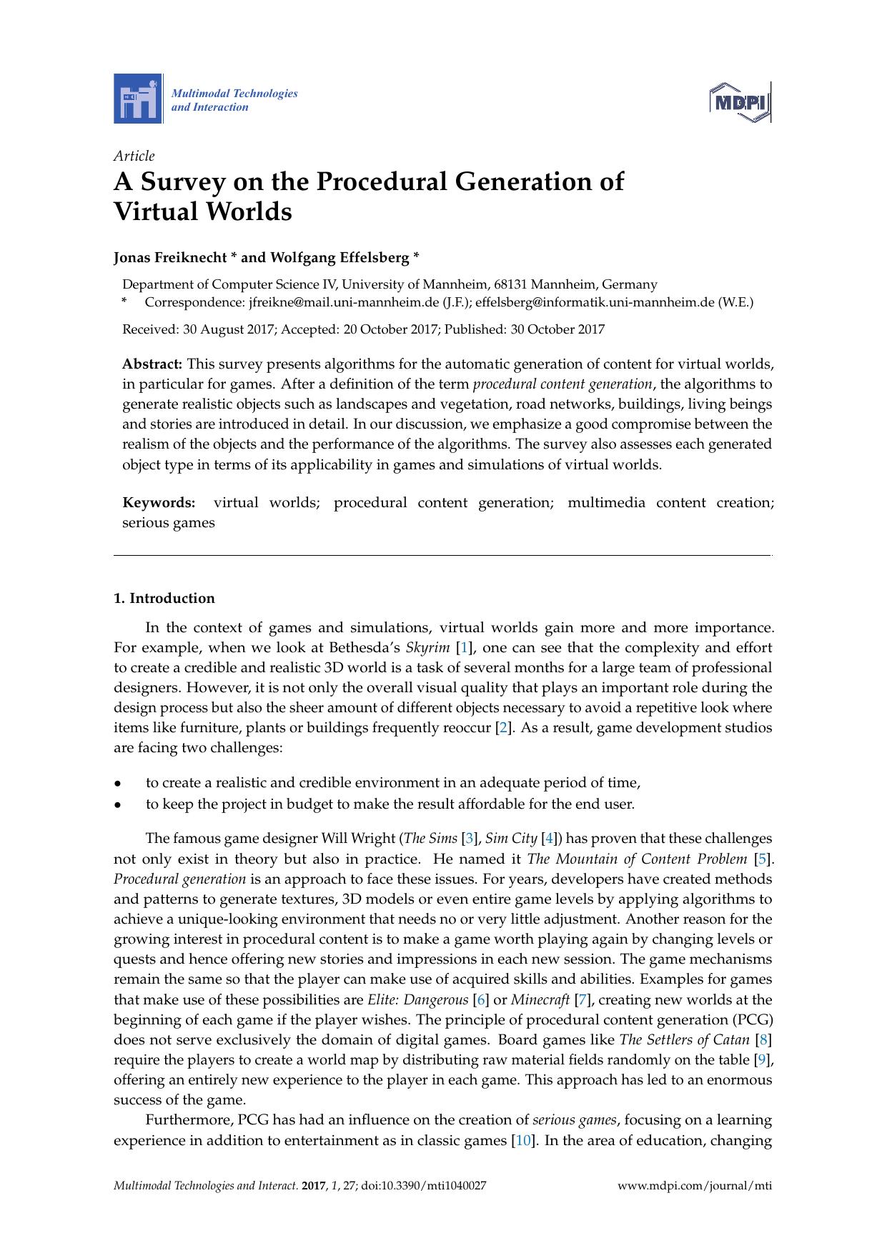 A Survey on the Procedural Generation of Virtual Worlds