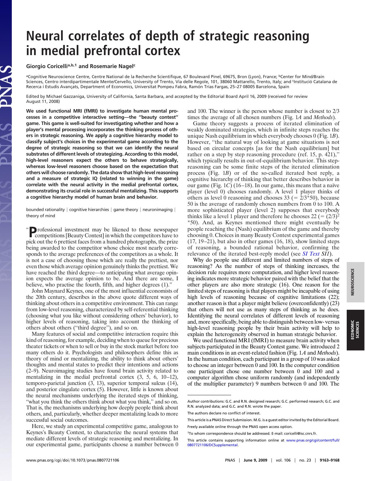 Neural Correlates Strategic Thinking